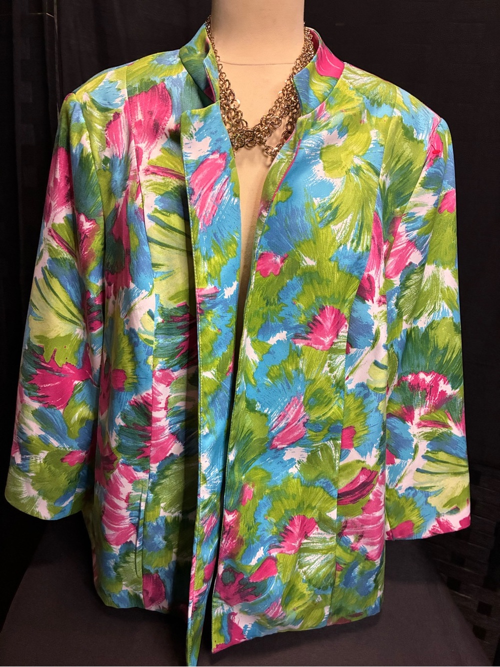 Kim Rogers Floral Collarless Jacket in Pink, Blue & Green